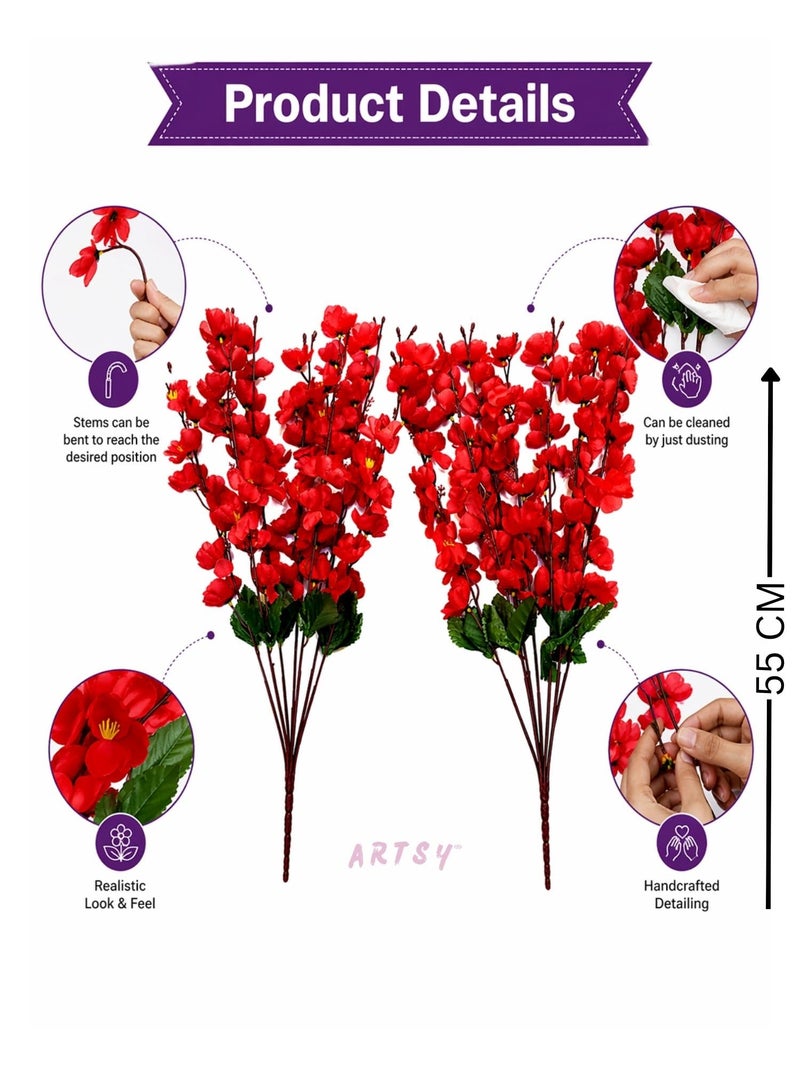 ARTSY® Artificial Flowers Bunch for Decoration Cherry Blossom, Ideal for vase, Home, Office Decor, Gifts, Craft, Artificial Plants for Decoration, Without vase, Red, Combo, 2 Piece, 55 cm Height | - Image 5