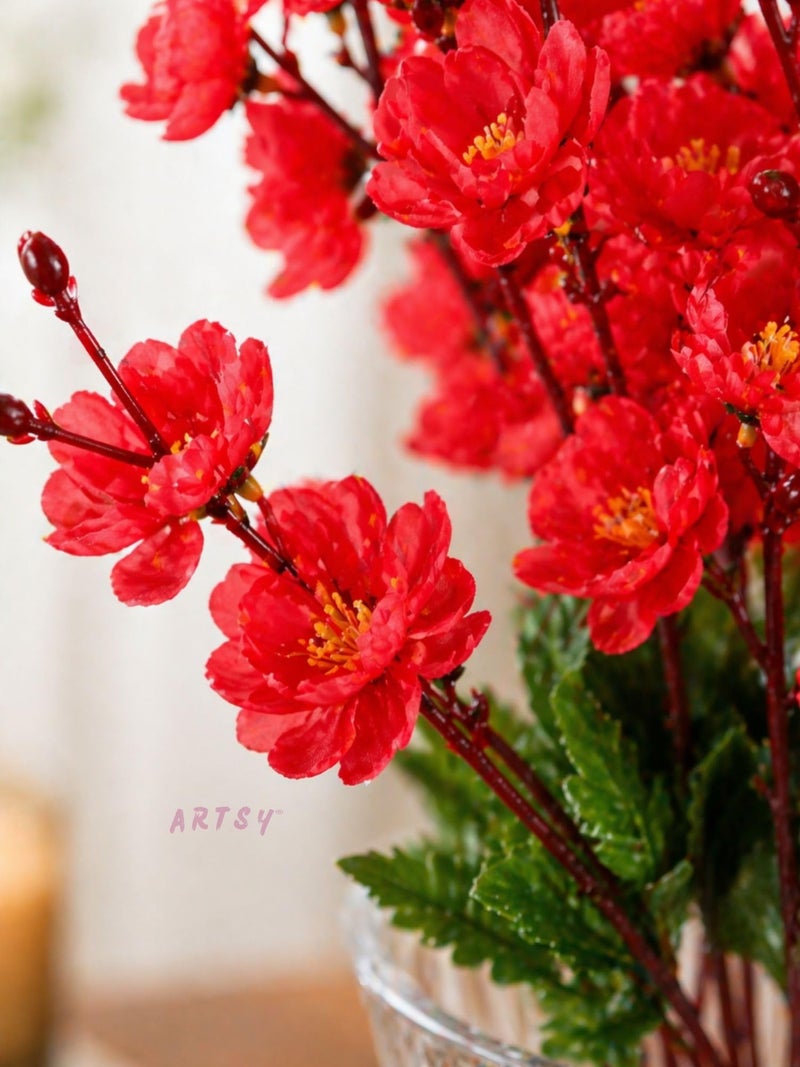 ARTSY® Artificial Flowers Bunch for Decoration Cherry Blossom, Ideal for vase, Home, Office Decor, Gifts, Craft, Artificial Plants for Decoration, Without vase, Red, Combo, 2 Piece, 55 cm Height | - Image 3