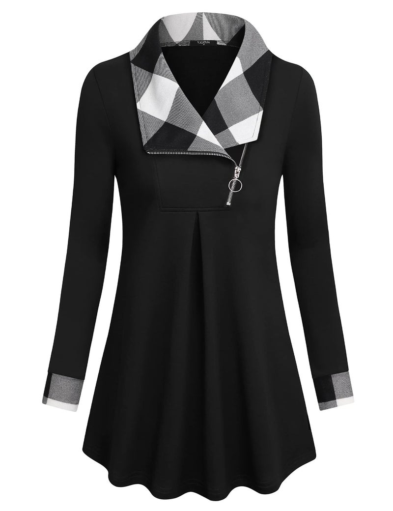 VALOLIA Fashion Pullover Sweaters for Women, Womens Sweater Tops 2025 Ladies Long Sleeve Plus Size Black Plaid Tunic Shirt Zipper V Neck Winter Swing Flowy Blouse Cotton Sweatshirt Black White X-Large - Image 1