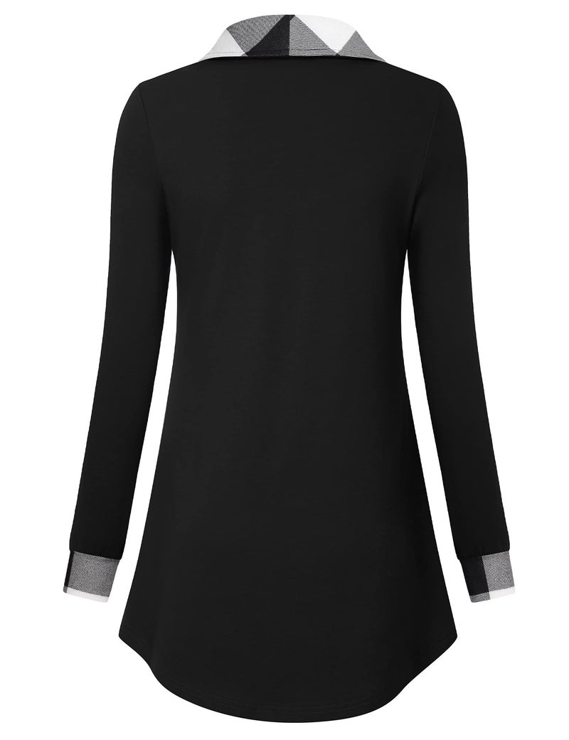 VALOLIA Fashion Pullover Sweaters for Women, Womens Sweater Tops 2025 Ladies Long Sleeve Plus Size Black Plaid Tunic Shirt Zipper V Neck Winter Swing Flowy Blouse Cotton Sweatshirt Black White X-Large - Image 2