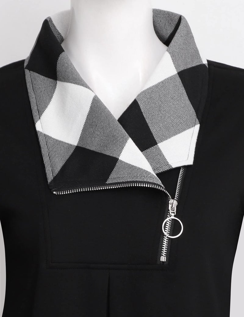 VALOLIA Fashion Pullover Sweaters for Women, Womens Sweater Tops 2025 Ladies Long Sleeve Plus Size Black Plaid Tunic Shirt Zipper V Neck Winter Swing Flowy Blouse Cotton Sweatshirt Black White X-Large - Image 3