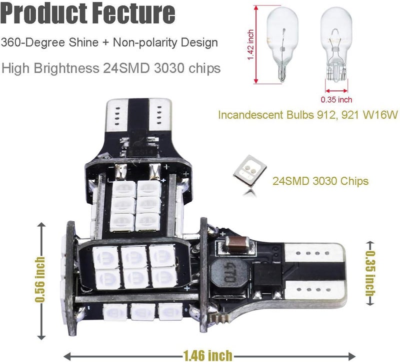 iBrightstar Extremely Bright 3030 Chipsets T15 912 W16W 921 LED Bulbs for Truck Cargo Lights, High Mount / 3rd Brake Lights, Blue - Image 2