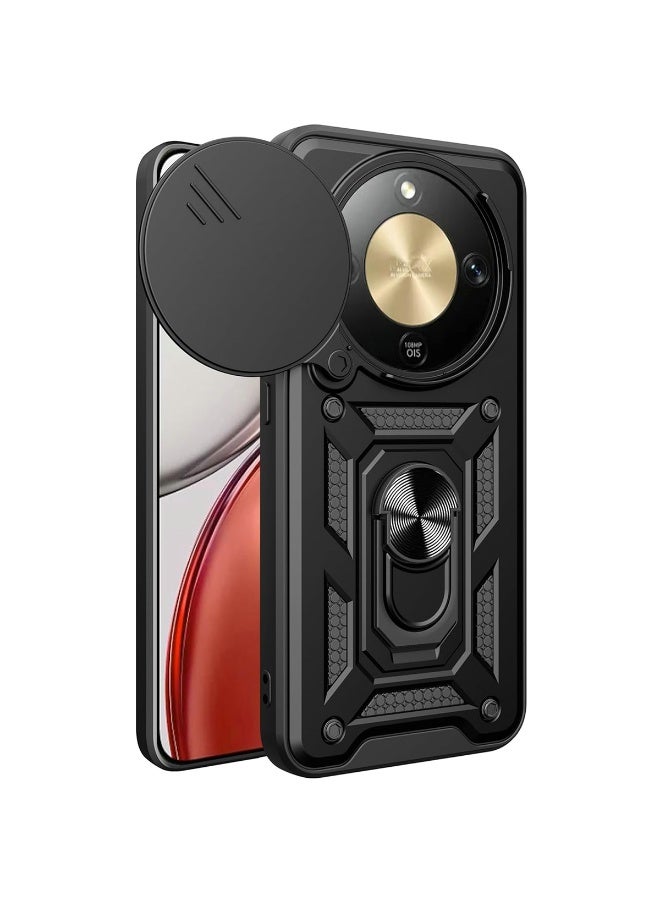 ثلاثة نمور غطاء حماية هاتف Honor X9d 5G، غطاء عدسة الكاميرا المنزلقة، حامل حلقة مغناطيسية وحامل قابل للطي، بلون أسود. - Image 1