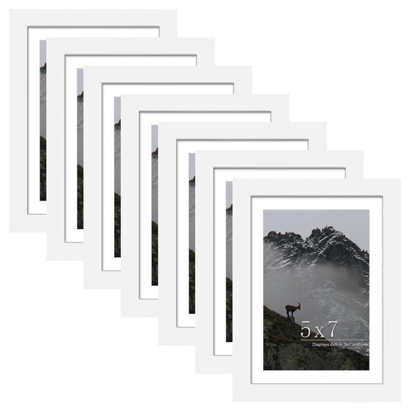 Picrit 5x7 Picture Frame Set of 7  Display 5x7 with Mat or 4x6 Without Mat  Photo Frames for Wall Mounting or Table Top Display  White. - Image 1