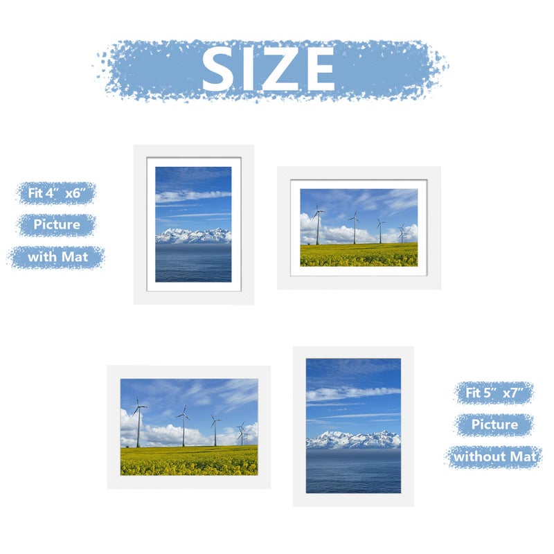 Picrit 5x7 Picture Frame Set of 7  Display 5x7 with Mat or 4x6 Without Mat  Photo Frames for Wall Mounting or Table Top Display  White. - Image 3