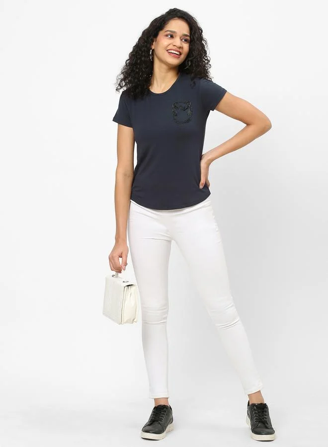 Mish Mish Women Navy Blue Embellished Detail Short Sleeve T-Shirt