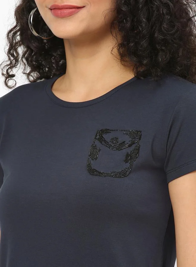 Mish Mish Women Navy Blue Embellished Detail Short Sleeve T-Shirt