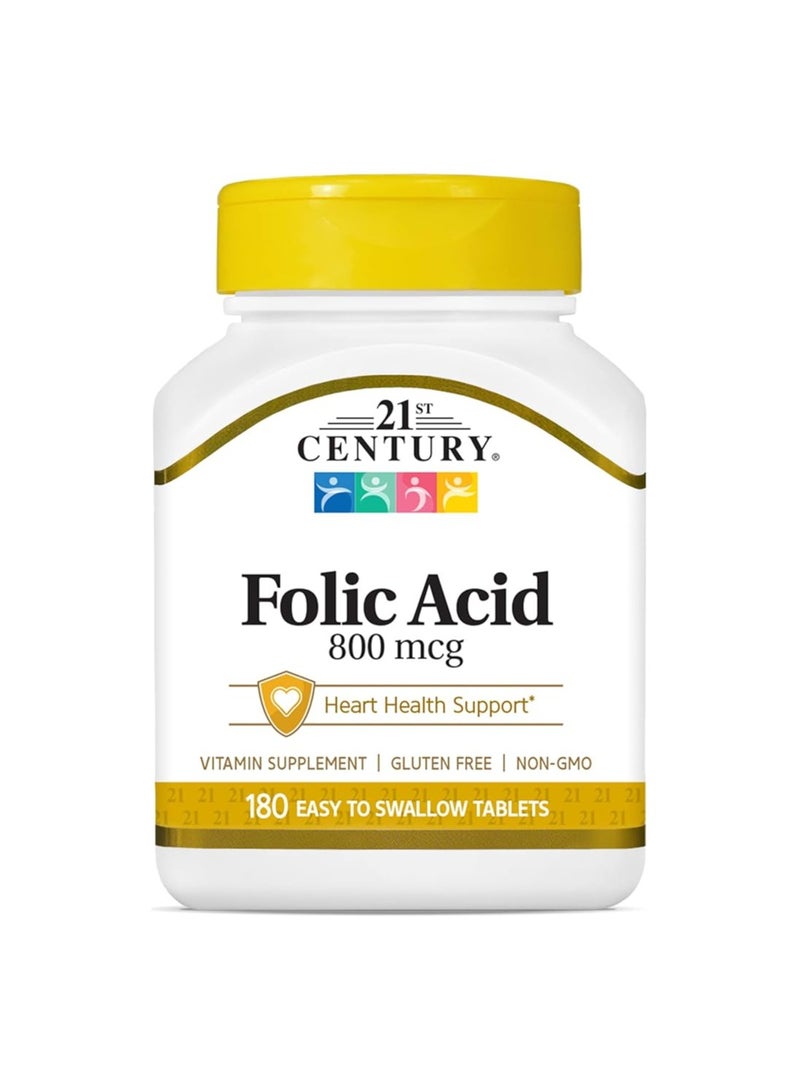Folic acid 800 mcg to support heart health. Gluten-free, non-GMO vitamin supplement. 180 easy-to-swallow tablets.