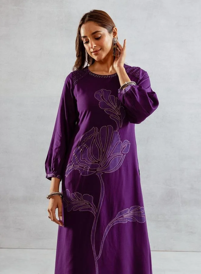 ISHIN Women's Purple Rayon Printed Tunic Upper Calf Length Palazzo Bottom Straight Fit 2 Peice Kurta Set