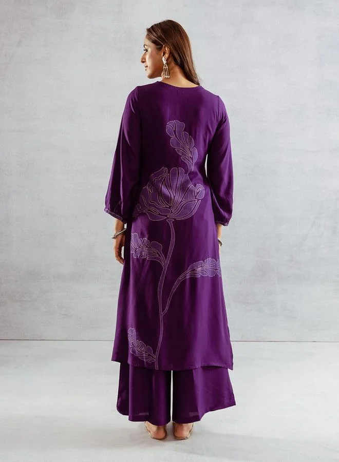 ISHIN Women's Purple Rayon Printed Tunic Upper Calf Length Palazzo Bottom Straight Fit 2 Peice Kurta Set