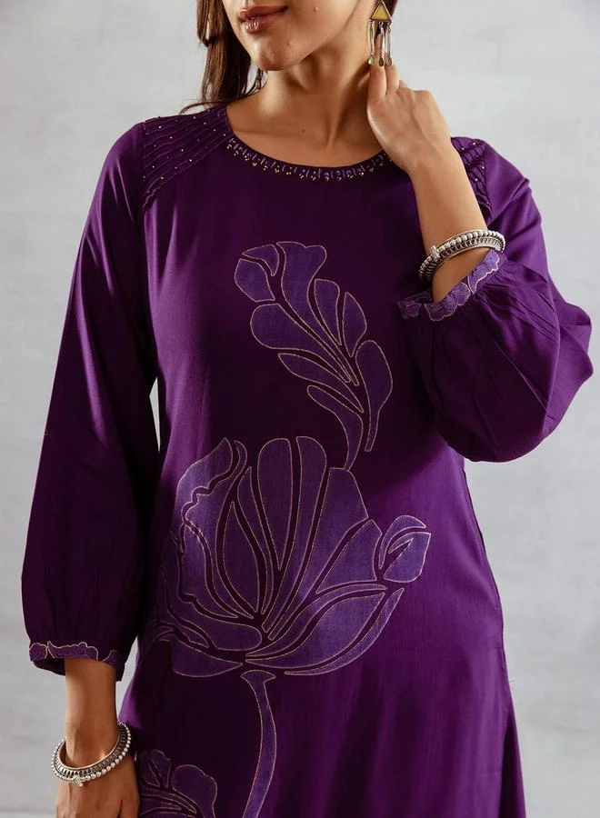 ISHIN Women's Purple Rayon Printed Tunic Upper Calf Length Palazzo Bottom Straight Fit 2 Peice Kurta Set