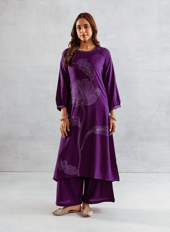 ISHIN Women's Purple Rayon Printed Tunic Upper Calf Length Palazzo Bottom Straight Fit 2 Peice Kurta Set - Image 1