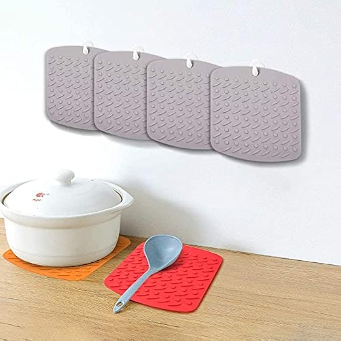 KASTWAVE Silicone Trivet Mat Hot Pot Holders Hot Pads For Kitchen NonSlip Heat Resistant Jar Opener Spoon Rest Garlic Peeler Potholders 4 Pack 7X7 Grey Modern Kitchen Tool - Image 5