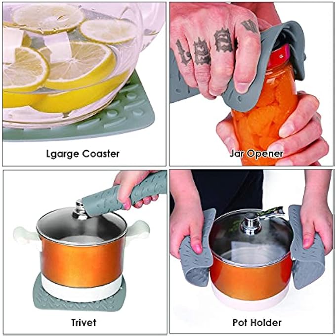 KASTWAVE Silicone Trivet Mat Hot Pot Holders Hot Pads For Kitchen NonSlip Heat Resistant Jar Opener Spoon Rest Garlic Peeler Potholders 4 Pack 7X7 Grey Modern Kitchen Tool - Image 4
