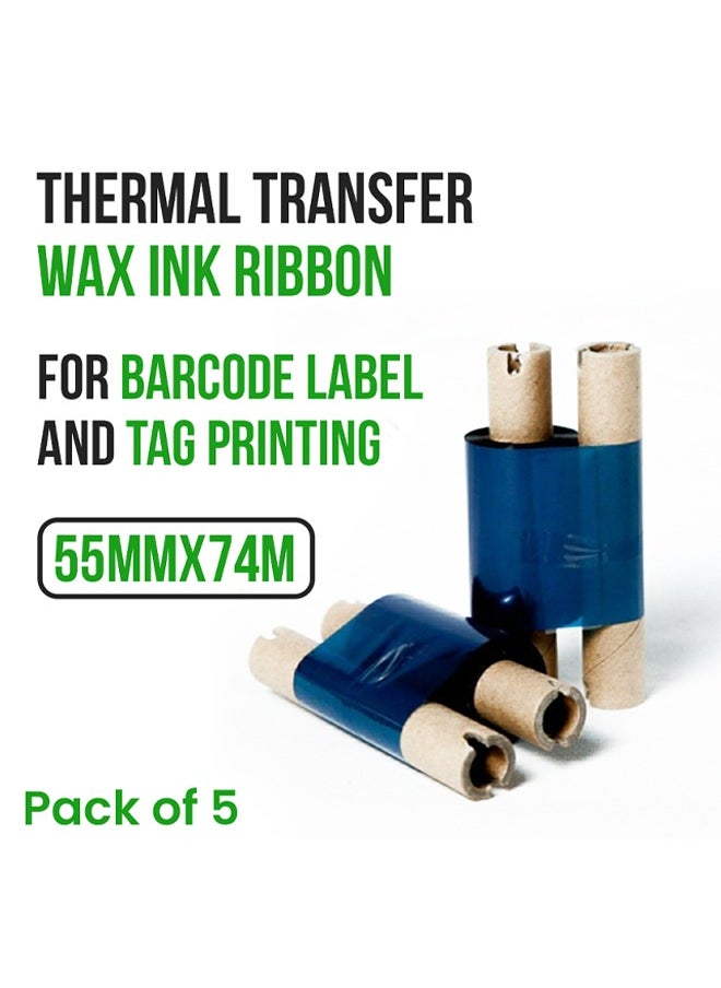 BRANDSFINITY - 10 Pack – 55mmX74m Transfer Wax Ribbon for Barcode Printers with Ink | Compatible with Zebra, Eltron, Datamax, and Most Thermal Printers | 74m per Roll - Image 1