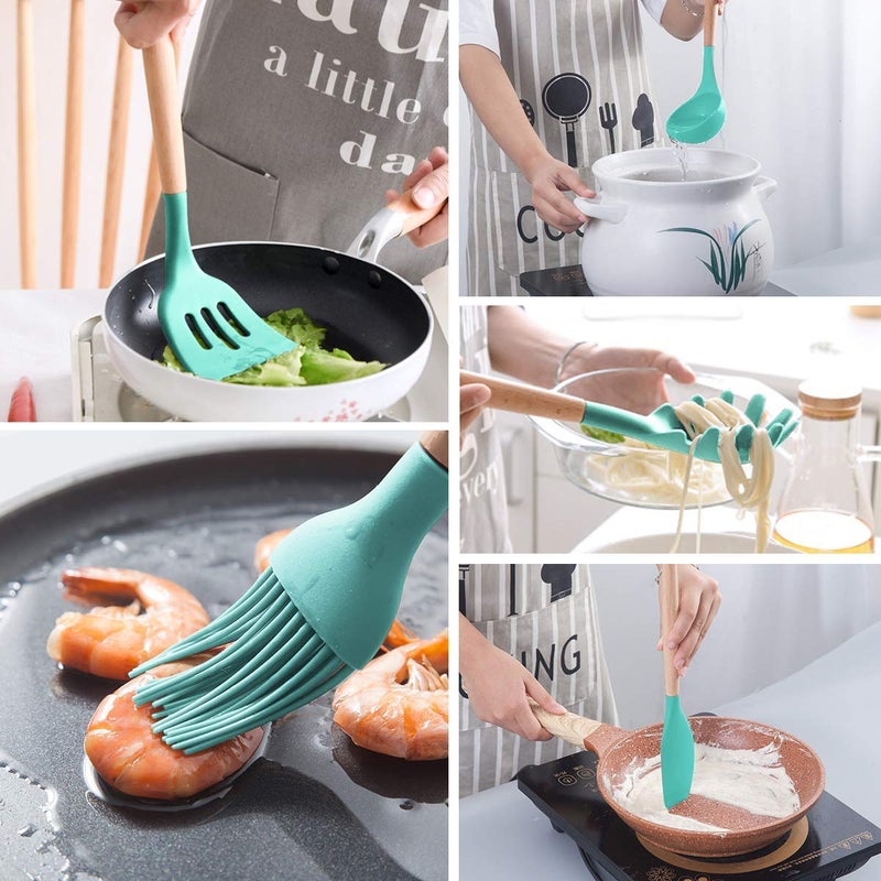 Mibote Silicone Cooking Kitchen Utensils Set With Holder  Wooden Handles Cooking Tool Bpa Free Turner Tongs Spatula Spoon Kitchen Gadgets Set For Nonstick Cookware (Teal) - Image 4