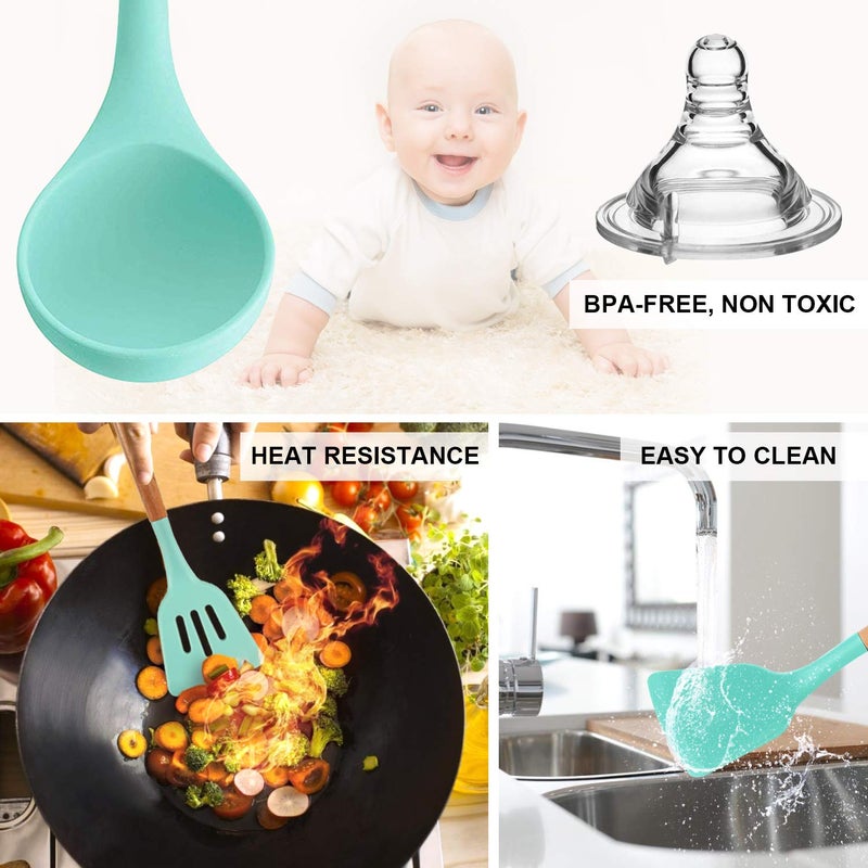 Mibote Silicone Cooking Kitchen Utensils Set With Holder  Wooden Handles Cooking Tool Bpa Free Turner Tongs Spatula Spoon Kitchen Gadgets Set For Nonstick Cookware (Teal) - Image 2