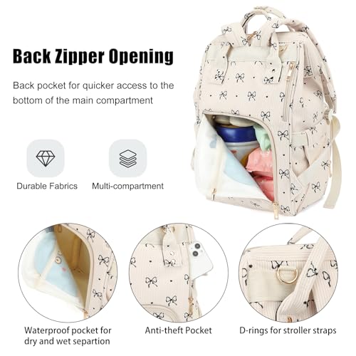 Dezcrab Baby Diaper Bag Backpack for Mom, Large Capacity Travel Nappy Bag for Boys & Girls with Stroller Straps (Corduroy Bow Tie) - Image 4