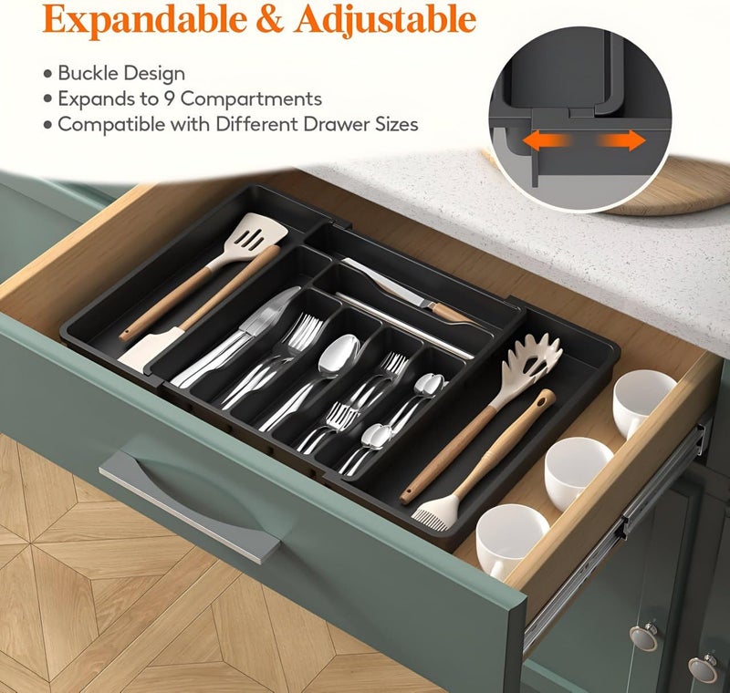 ZUBAT ZUBAT Drawer Organizer Expandable Utensil Organizer for Kitchen Drawers Adjustable Cutlery and Flatware Tray Plastic Spoons Forks Knives Holder Storage Dividers Large Black  - Image 2