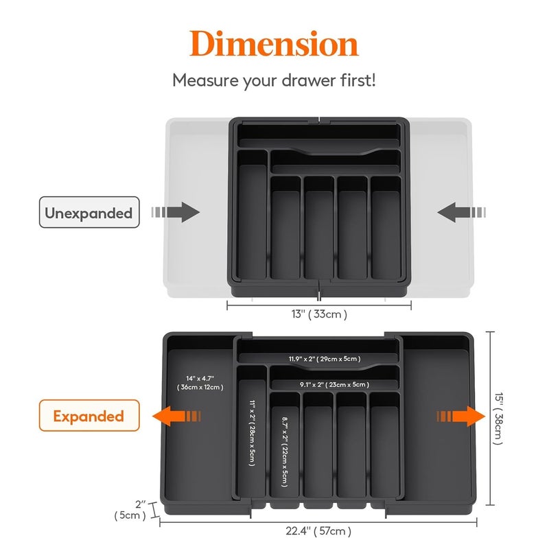 ZUBAT ZUBAT Drawer Organizer Expandable Utensil Organizer for Kitchen Drawers Adjustable Cutlery and Flatware Tray Plastic Spoons Forks Knives Holder Storage Dividers Large Black  - Image 4