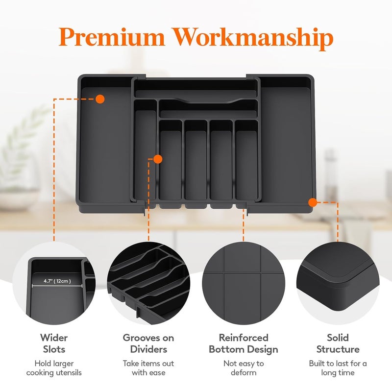 ZUBAT ZUBAT Drawer Organizer Expandable Utensil Organizer for Kitchen Drawers Adjustable Cutlery and Flatware Tray Plastic Spoons Forks Knives Holder Storage Dividers Large Black  - Image 5