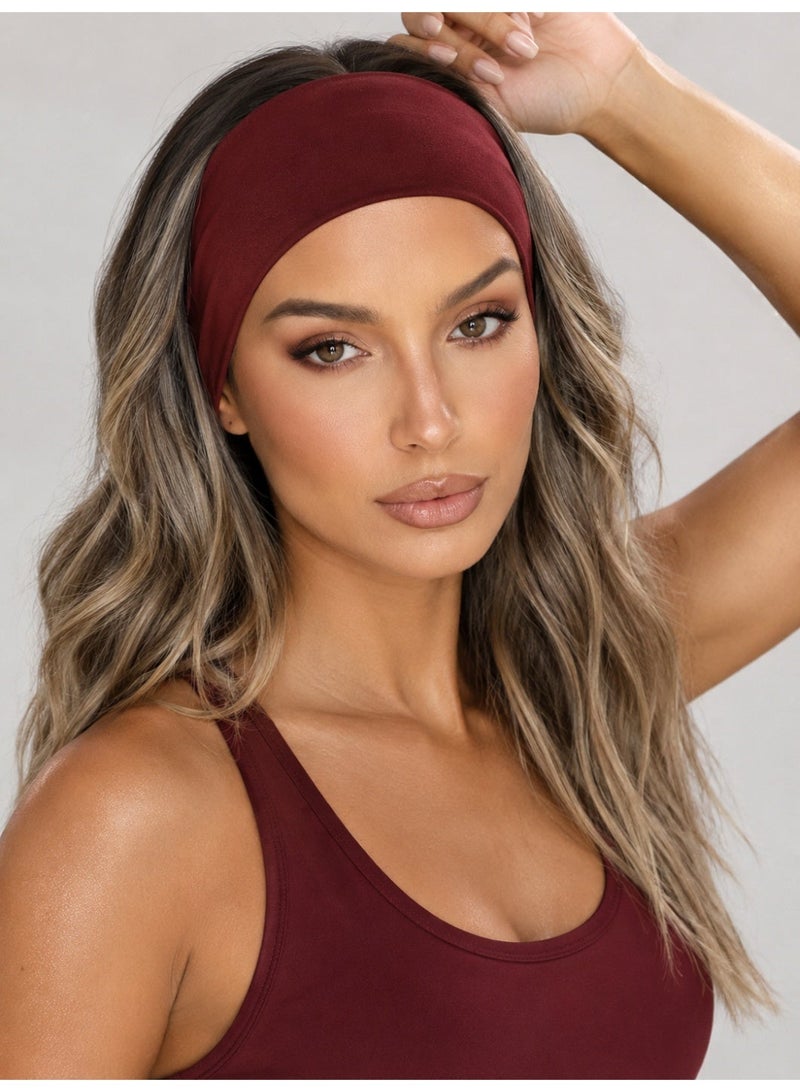 Fashion Headbands For Women Wide Headband Yoga Workout Head Bands Hair Accessories(Burgundy) - Image 3