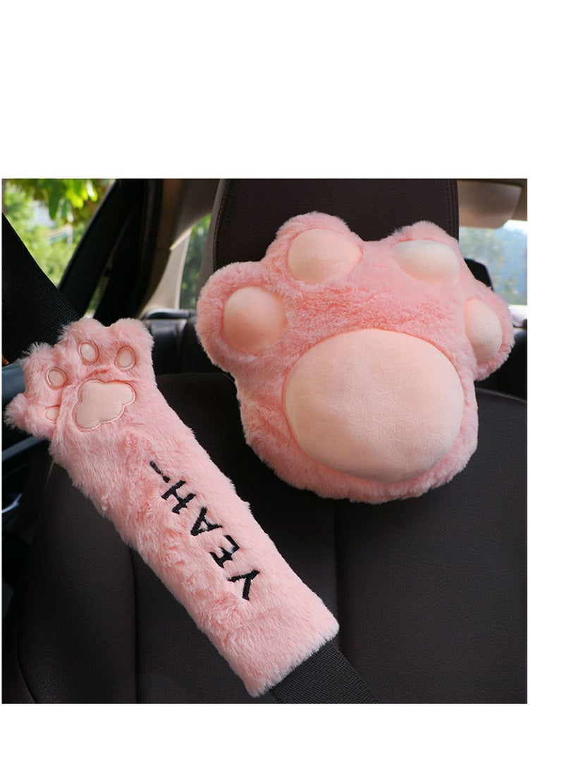 SYOSI Car Headrest Pillow and Car Seat Belt Pad Set, Cute Pink Cat Claw Car Neck Pillow for Women, Cute Fashion Travel Car Neck Support Cushion Pillow Shoulder Strap Protectors Car Decor Accessories  - Image 1