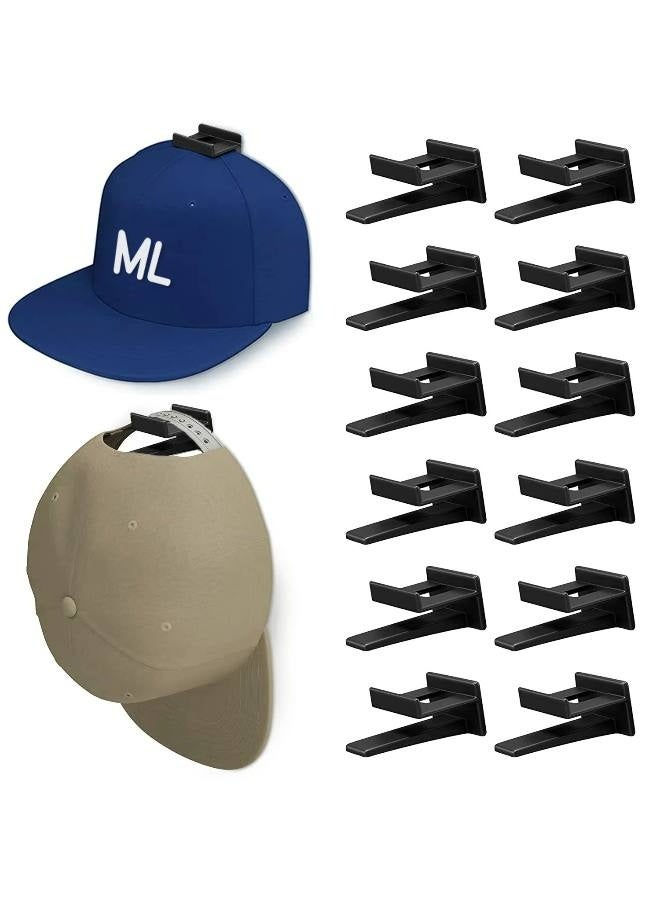 Adhesive Hat Hooks for Wall (12 Pack) Minimalist Rack Design, No Drilling, Strong Hold Hangers Room & Mancave (Black)  - Image 1