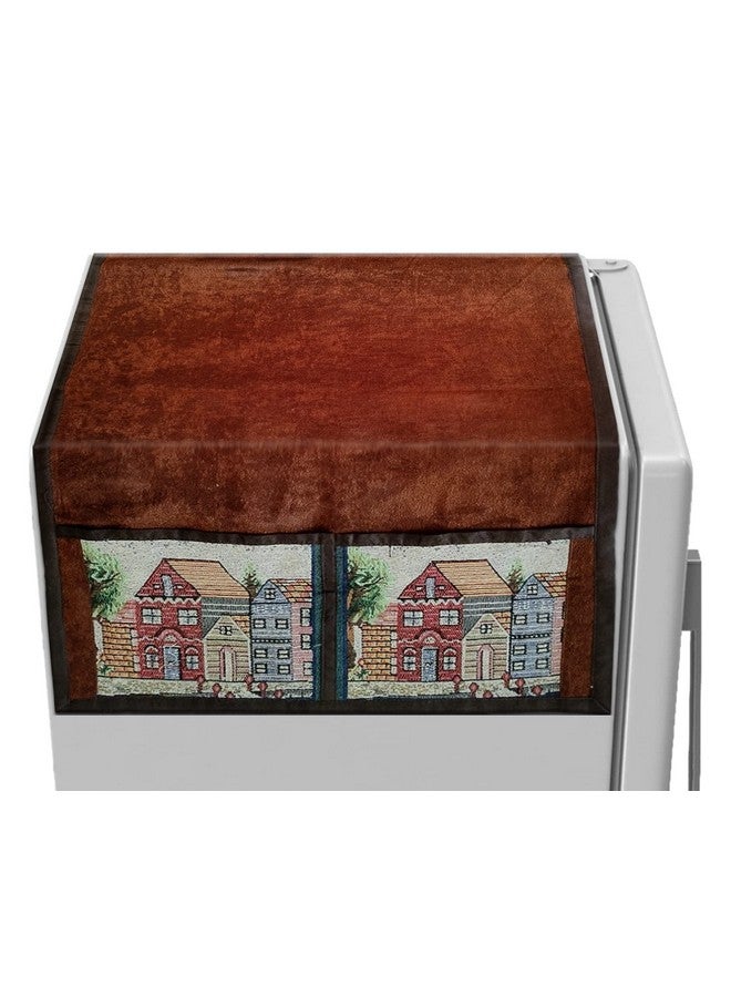 Kuber Industries Kuber Industries House Print Velvet Fridge Top Cover with 4 Utility Side Pockets (Brown) - Image 4