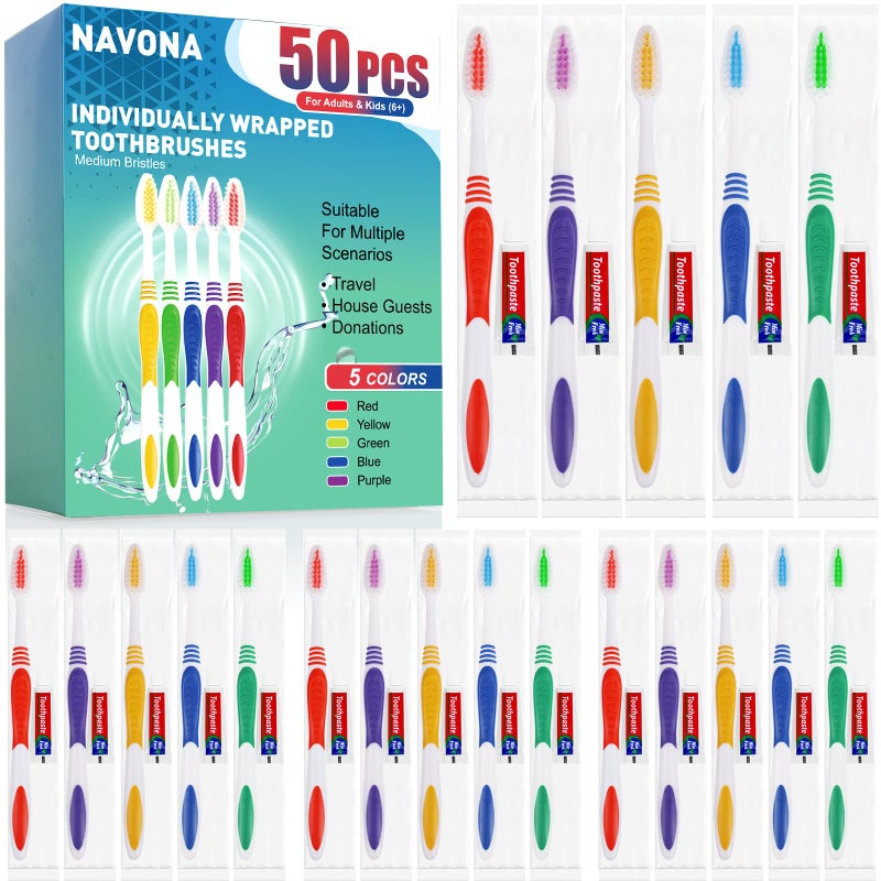 Navona 50 PCS Disposable Toothbrush with Toothpaste Bulk Travel Toothpaste Bulk Toothpastes Individually Wrapped Bulk Toothbrush Ergonomics HandleMedium Soft Bristle Perfect for Travel Hotel