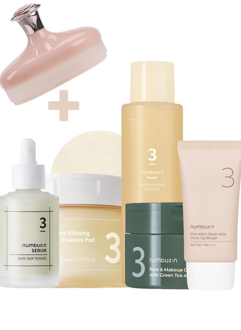 numbuzin Ultimate Hydration and Brightening Pack & Face Scrubber - Pore & Makeup Cleansing Balm, Glowing Essence Pad, Super Glowing Essence Toner , Skin Softening Serum, Base-skip Tone Up Beige SPF+50  - Image 1
