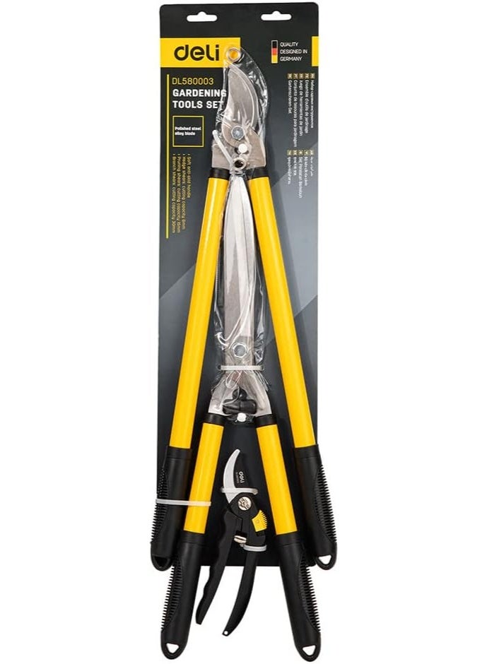 Deli Gardening Tool Set – 3-Piece Pruning Shears Kit, Polished Alloy Steel Blades, Non-Slip Wooden Handles, Yellow/Black – EDL580003 - Image 5