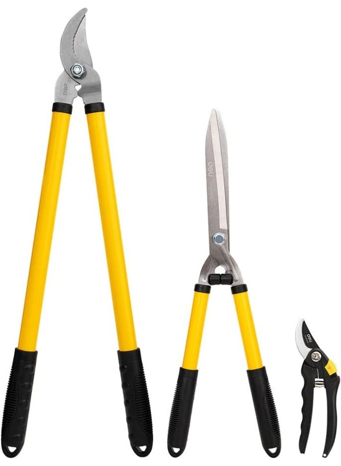 Deli Gardening Tool Set – 3-Piece Pruning Shears Kit, Polished Alloy Steel Blades, Non-Slip Wooden Handles, Yellow/Black – EDL580003 - Image 1
