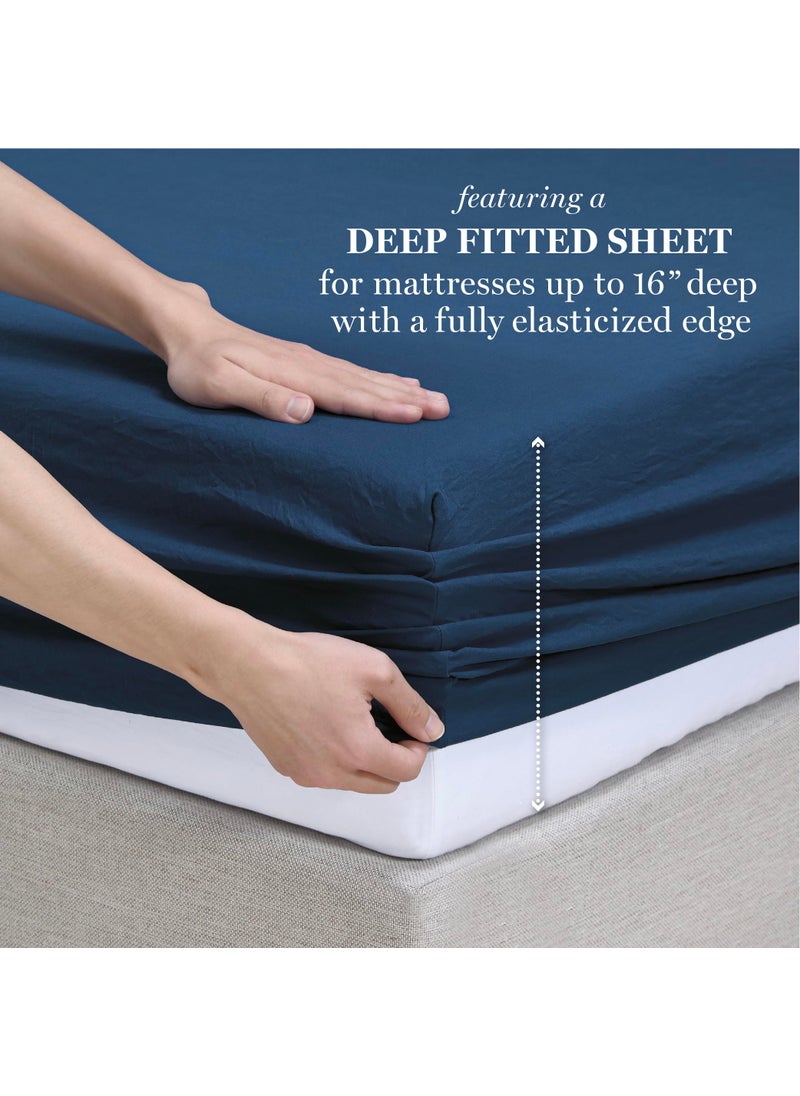 MARTHA STEWART Ultra Soft Brushed and Washed Microfiber 4 Piece Sheet Set  Easy Care  Comfy Bed Sheets with Deep Pocket up to 16""  1 Flat and 1 Fitted Sheet  2 Std. Pillowcases  Queen Size  Navy Blue