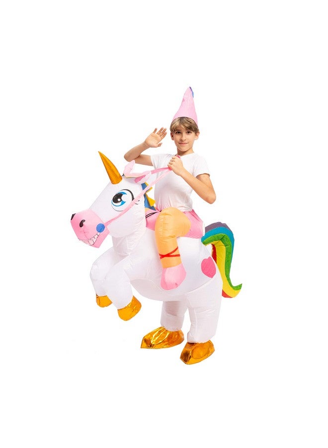 Spooktacular Creations Spooktacular Creations Kids Halloween Inflatable Costumes, Riding a Unicorn, Colorful Air Blow-up Deluxe Set with Hat, Ride-on Halloween Costumes (White, 7-10 Yrs)  - Image 1
