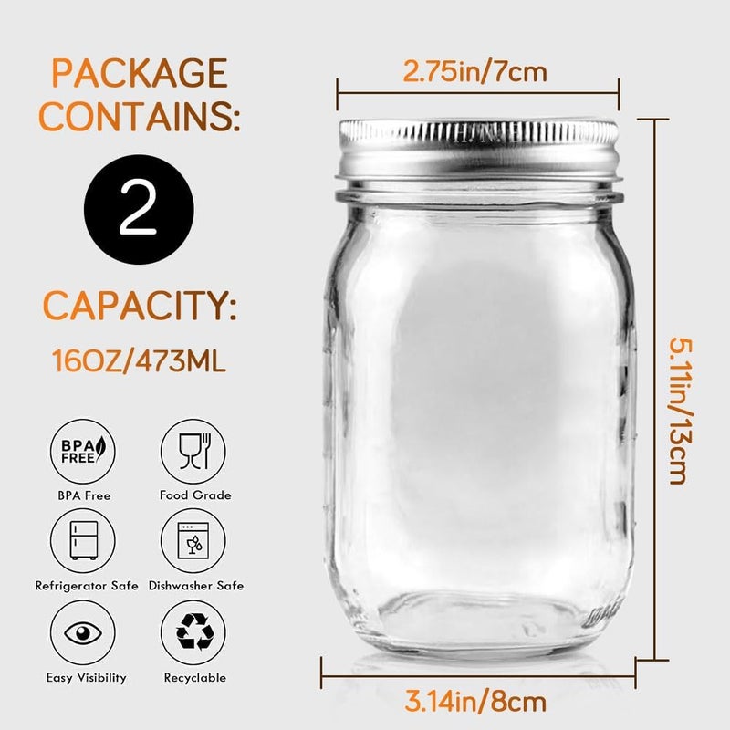 Showvigor 2-Pack 16oz Mason Jars with Labels - Regular Mouth Glass Jars with Airtight Lids & 2 Write-On Labels - for Canning, Overnight Oats, Meal Prep, Jam, Salad Dressing - Image 2