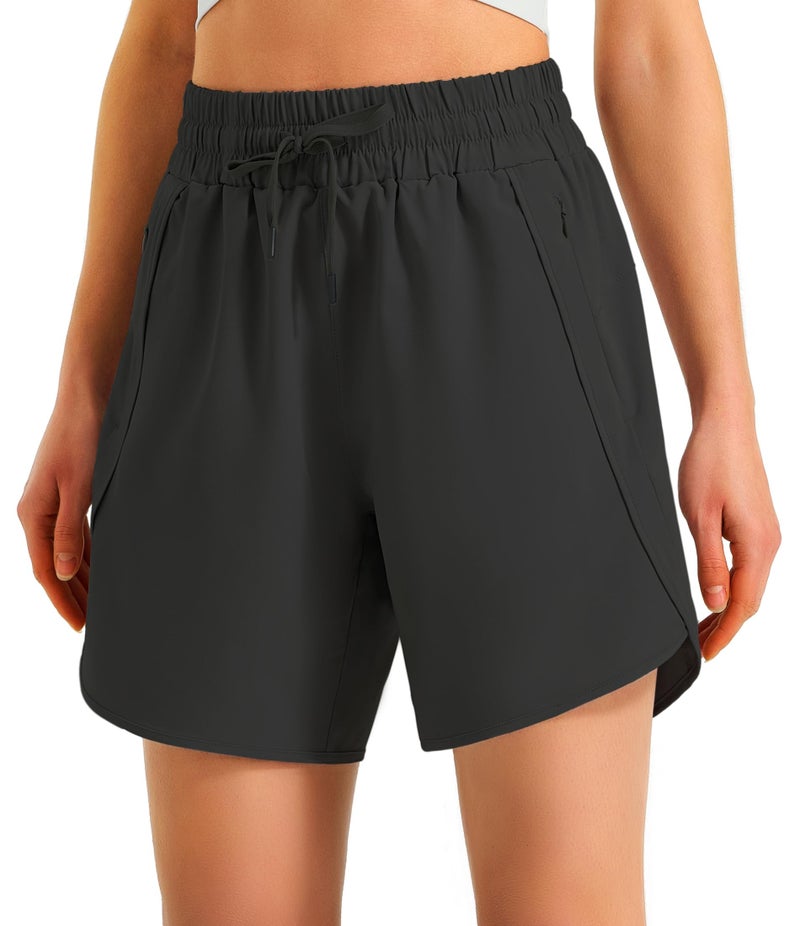 Ksmien Women's 5"/ 7" Athletic Running Shorts Quick Dry Lightweight Workout Gym Shorts with Zipper Pockets UPF 50+ Black - Image 4