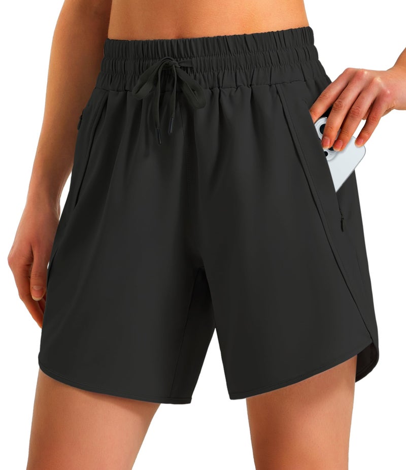 Ksmien Women's 5"/ 7" Athletic Running Shorts Quick Dry Lightweight Workout Gym Shorts with Zipper Pockets UPF 50+ Black - Image 1