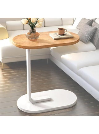Modern small side coffee table for living room, wooden furniture, metal top, sofa stand, bedside table, snack and laptop stand, simple space-saving design for home decor (brown and white)