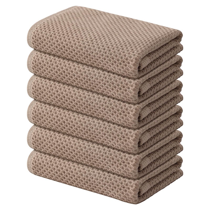 Kitinjoy 100% Cotton Waffle Weave Kitchen Towels  6-Pack Super Soft and Absorbent Kitchen Dish Towels for Drying Dishes  Kitchen Hand Towels  13 in x 28 in  Tan - Image 1