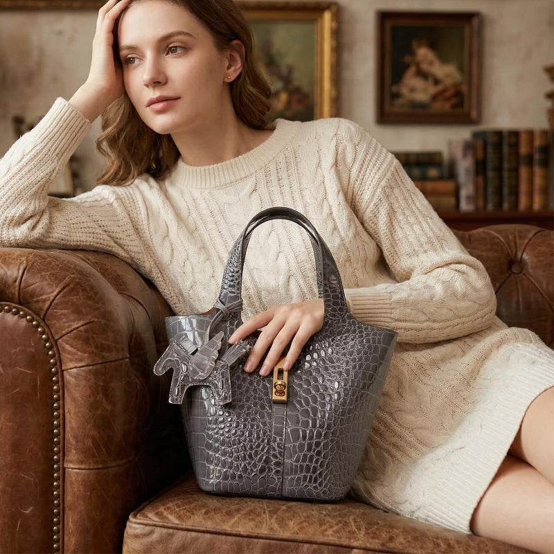 Kadynow Tote Bag for Women Vegan Leather Bucket Purse for Women Crocodile Pattern Top Handle Handbag Shoulder Bag with Detachable Small Purse Deep Grey - Image 3