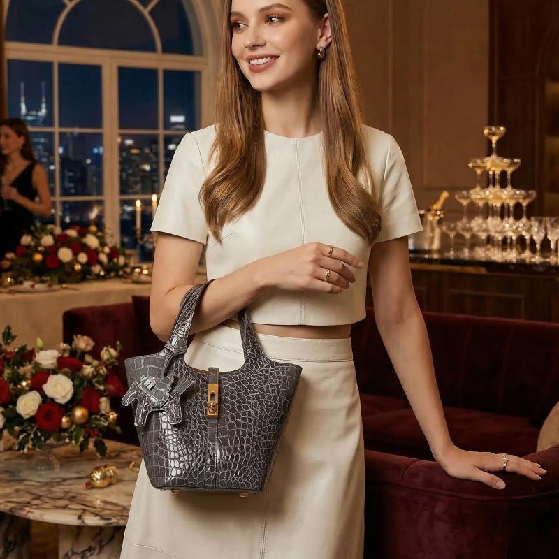 Kadynow Tote Bag for Women Vegan Leather Bucket Purse for Women Crocodile Pattern Top Handle Handbag Shoulder Bag with Detachable Small Purse Deep Grey - Image 2