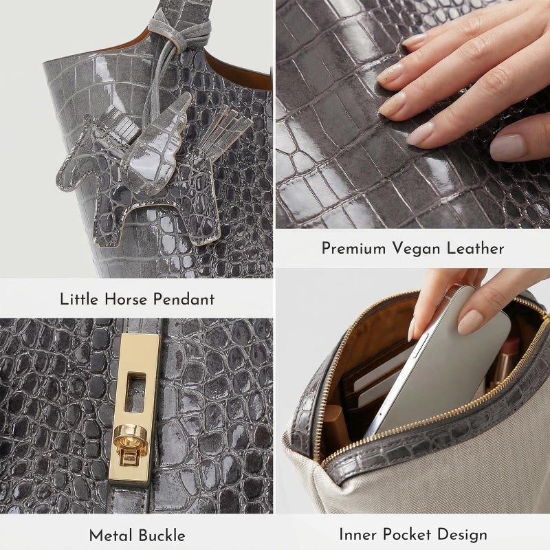 Kadynow Tote Bag for Women Vegan Leather Bucket Purse for Women Crocodile Pattern Top Handle Handbag Shoulder Bag with Detachable Small Purse Deep Grey - Image 5
