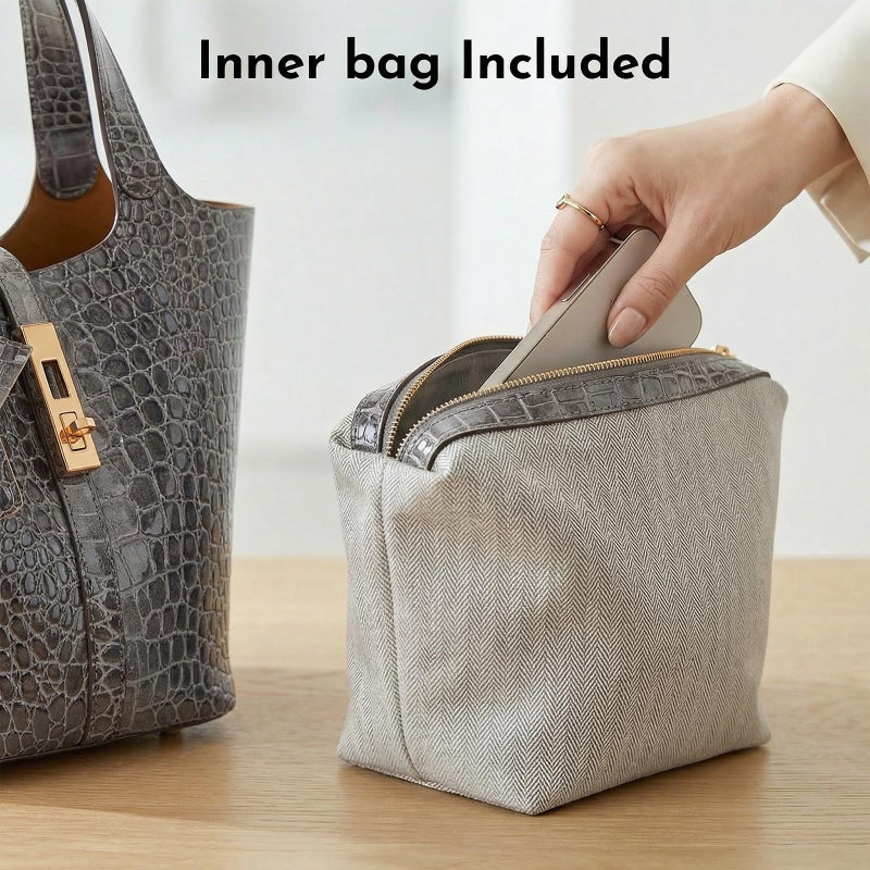 Kadynow Tote Bag for Women Vegan Leather Bucket Purse for Women Crocodile Pattern Top Handle Handbag Shoulder Bag with Detachable Small Purse Deep Grey - Image 4