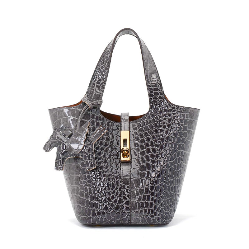 Kadynow Tote Bag for Women Vegan Leather Bucket Purse for Women Crocodile Pattern Top Handle Handbag Shoulder Bag with Detachable Small Purse Deep Grey - Image 1