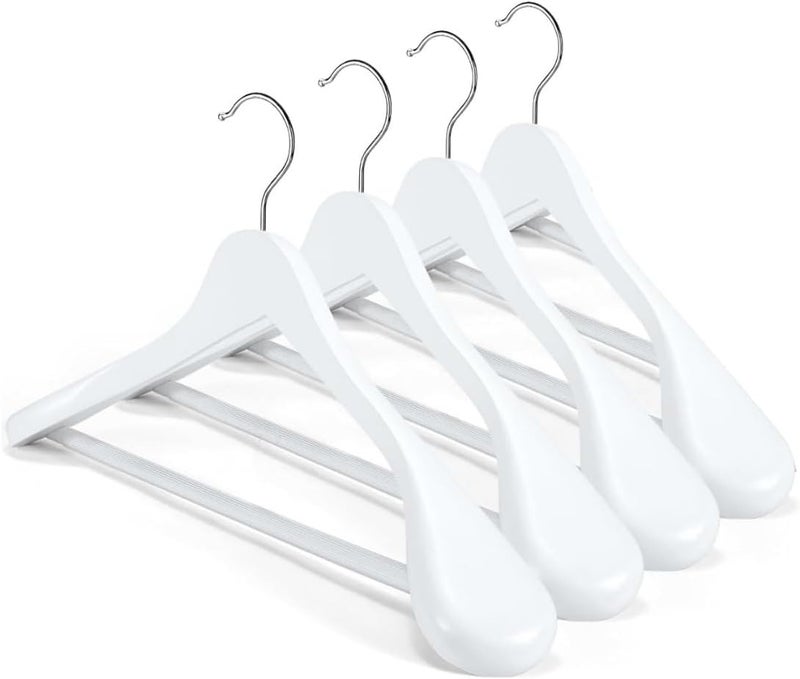 HOUSE DAY 4-Pack High-Grade Solid Wood Coat Hangers for Women, White Wide Shoulder Wooden Hangers, Suit Hangers with Non-Slip Pants Bar, Smooth Finish 360°Swivel Hook for Dress, Heavy Clothes Hangers - Image 1