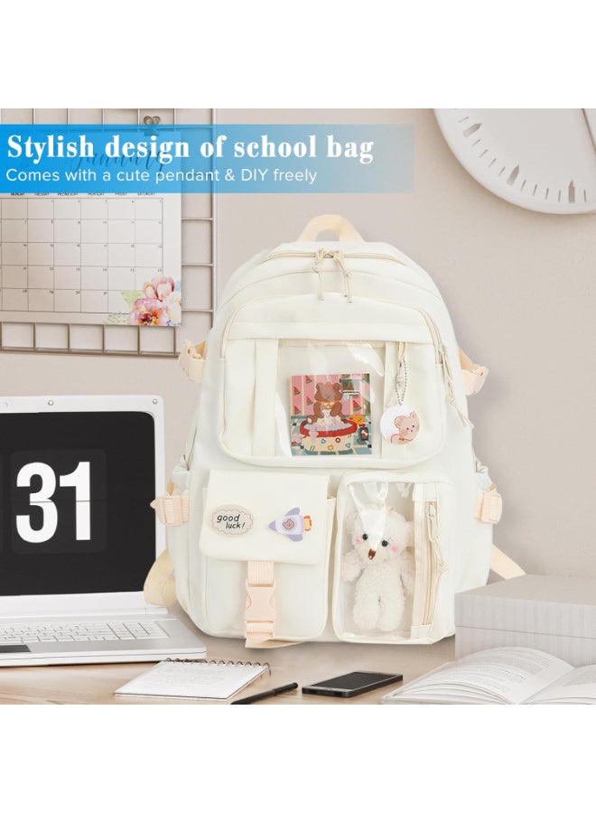 شبيلي حقيبة ظهر مدرسية نايلون بتصميم إيتا K-Pop للبنات بسعة كبيرة ‎40×30×11‎ سم، تستخدم كحقيبة كتف أو كروس مع دمية قطيفة معلّقة، حقيبة يومية عصرية للشابات والمراهقين للجامعة والسفر والاستخدام اليومي ‎(أبيض) - Image 2