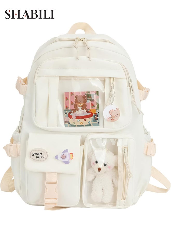 شبيلي حقيبة ظهر مدرسية نايلون بتصميم إيتا K-Pop للبنات بسعة كبيرة ‎40×30×11‎ سم، تستخدم كحقيبة كتف أو كروس مع دمية قطيفة معلّقة، حقيبة يومية عصرية للشابات والمراهقين للجامعة والسفر والاستخدام اليومي ‎(أبيض) - Image 1