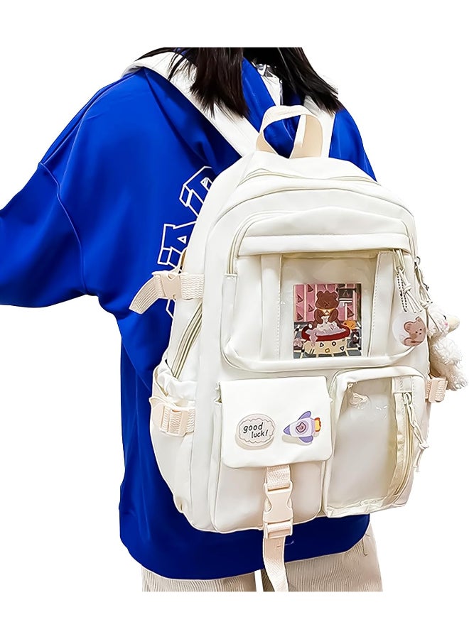 شبيلي حقيبة ظهر مدرسية نايلون بتصميم إيتا K-Pop للبنات بسعة كبيرة ‎40×30×11‎ سم، تستخدم كحقيبة كتف أو كروس مع دمية قطيفة معلّقة، حقيبة يومية عصرية للشابات والمراهقين للجامعة والسفر والاستخدام اليومي ‎(أبيض) - Image 4