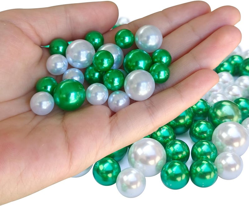 GLBYUNN 140pcs Pearl Beads for Vase Filler No Hole Pearl Beads for Brushes Holder Faux Pearls for Centerpieces Home Wedding Decor 10/14mm(White, Green) - Image 1